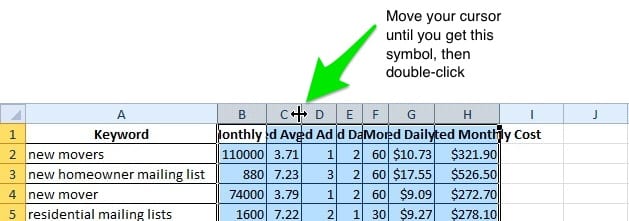 excel resize columns