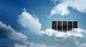 Blue sky with white clouds and data server cabinets representing cloud storage