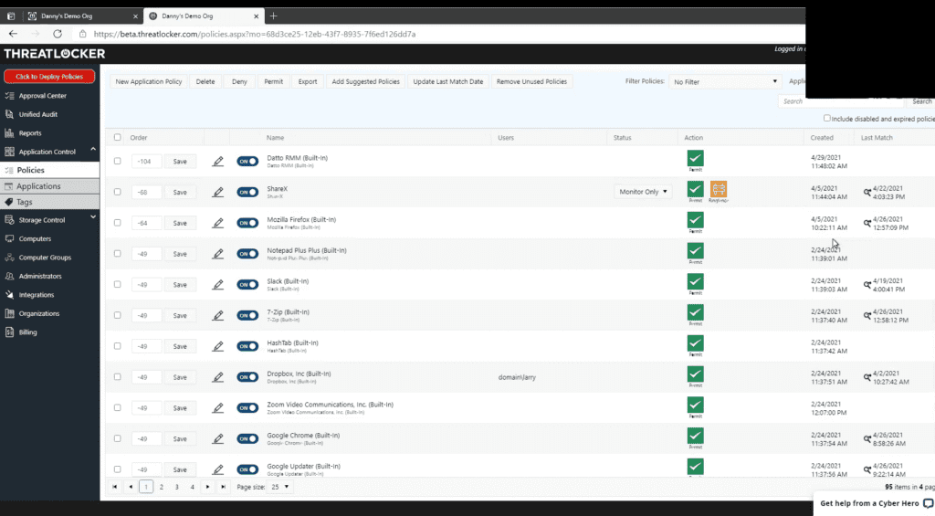 Screenshot of ThreatLocker security policies for applications based on network audit