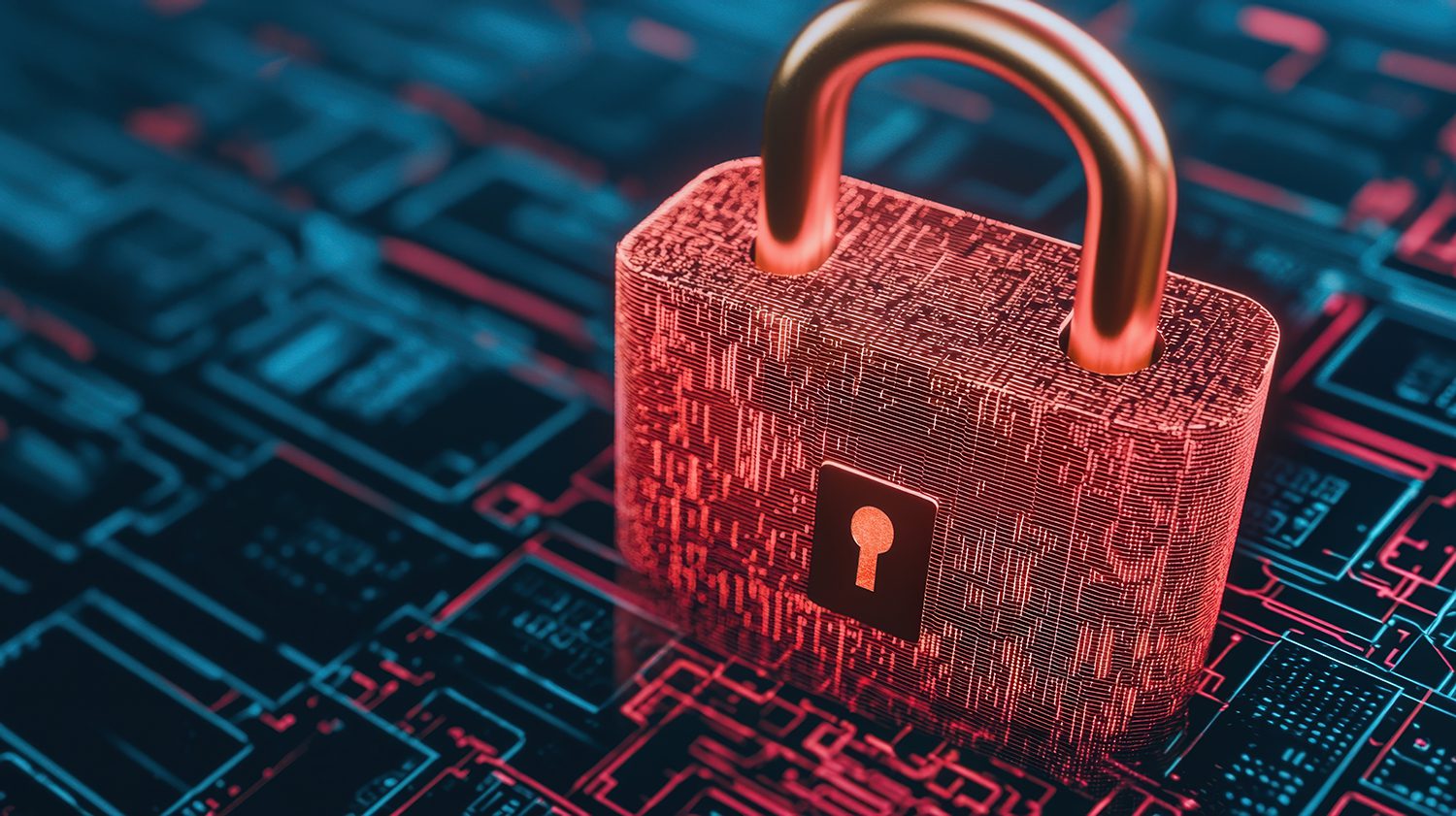 A red padlock on top of a blue circuit board.